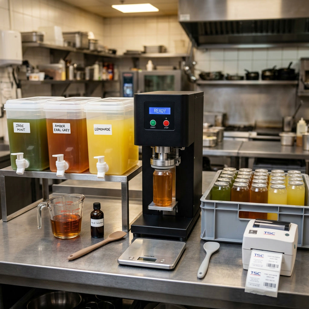 Compact beverage production station with 10-liter dispensers, can sealing machine and sealed cans in a commercial kitchen